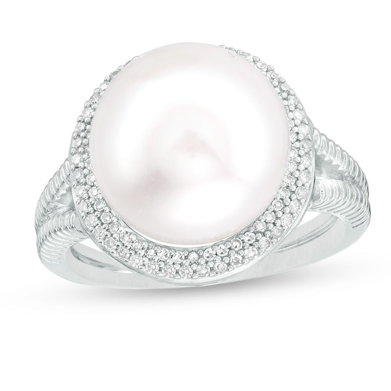 Button Cultured Freshwater Pearl and 0.18 CT. T.W. Diamond Frame Ribbed Shank Ring in Sterling Silver - Size 6