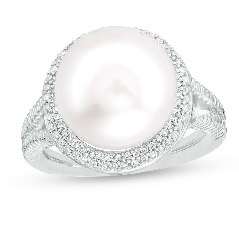 Button Cultured Freshwater Pearl and 0.18 CT. T.W. Diamond Frame Ribbed Shank Ring in Sterling Silver - Size 6|Peoples Jewellers