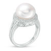 Thumbnail Image 2 of Button Cultured Freshwater Pearl and 0.18 CT. T.W. Diamond Frame Ribbed Shank Ring in Sterling Silver - Size 6
