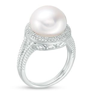 Button Cultured Freshwater Pearl and 0.18 CT. T.W. Diamond Frame Ribbed Shank Ring in Sterling Silver - Size 6