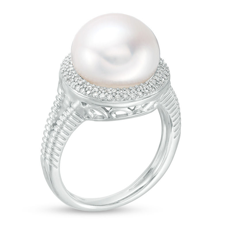Button Cultured Freshwater Pearl and 0.18 CT. T.W. Diamond Frame Ribbed Shank Ring in Sterling Silver - Size 6