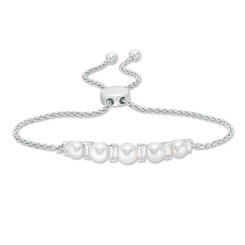 Button Cultured Freshwater Pearl and Baguette Lab-Created White Sapphire Bolo Bracelet in Sterling Silver - 9.5"