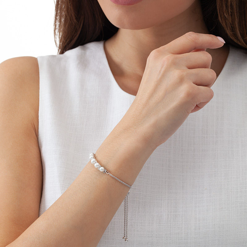 Button Cultured Freshwater Pearl and Baguette Lab-Created White Sapphire Bolo Bracelet in Sterling Silver - 9.5"