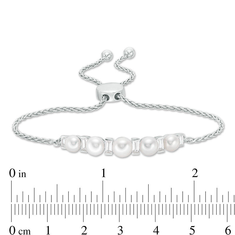 Button Cultured Freshwater Pearl and Baguette Lab-Created White Sapphire Bolo Bracelet in Sterling Silver - 9.5"