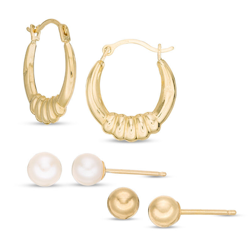 4.5 - 5.0mm Cultured Freshwater Pearl, Ball Stud and Scallop Hoop Earrings Set in 14K Gold