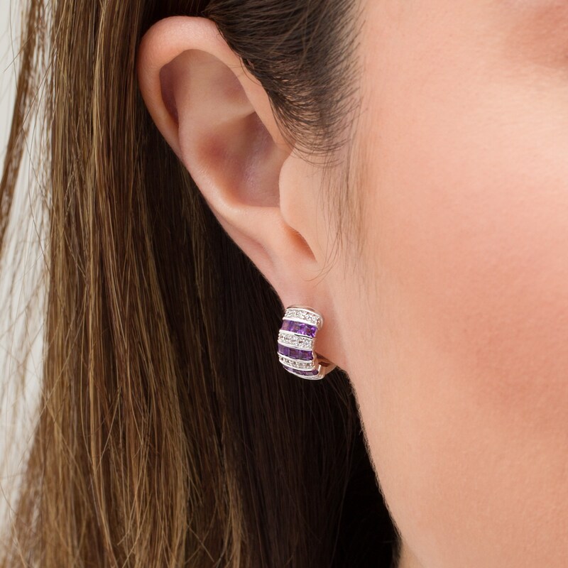 Main Image 2 of Princess-Cut Amethyst and Lab-Created White Sapphire Huggie Hoop Earrings in Sterling Silver