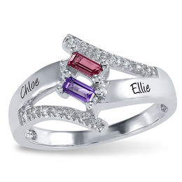 Couple's Baguette Birthstone and Cubic Zirconia Bypass Split Shank Ring by ArtCarved (2 Stones and Names)