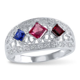 Mother's Princess-Cut Birthstone and Cubic Zirconia Three Stone Filigree Ring by ArtCarved (3 Stones)