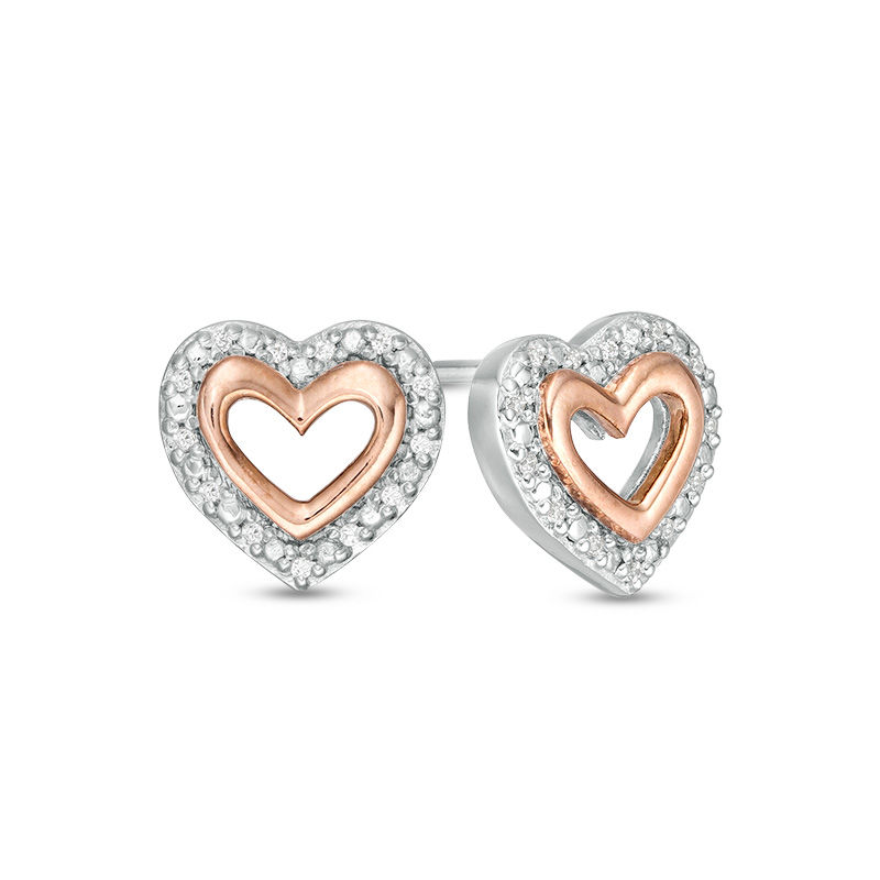 0.04 CT. T.W. Diamond Double Heart Outline Stud Earrings in Sterling Silver and 10K Rose Gold|Peoples Jewellers
