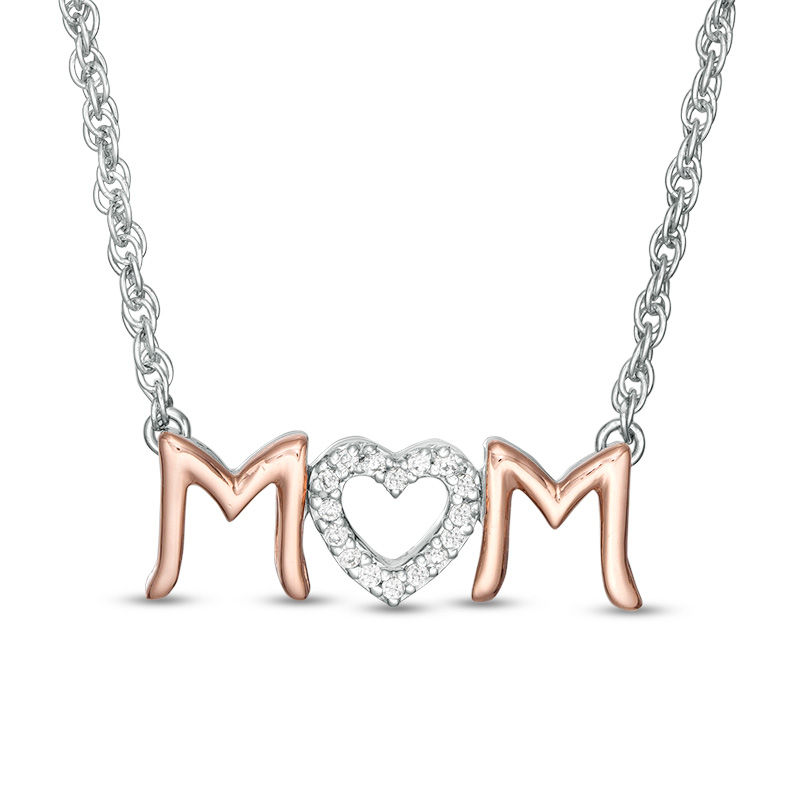 0.04 CT. T.W. Diamond Heart "MOM" Necklace in Sterling Silver and 10K Rose Gold