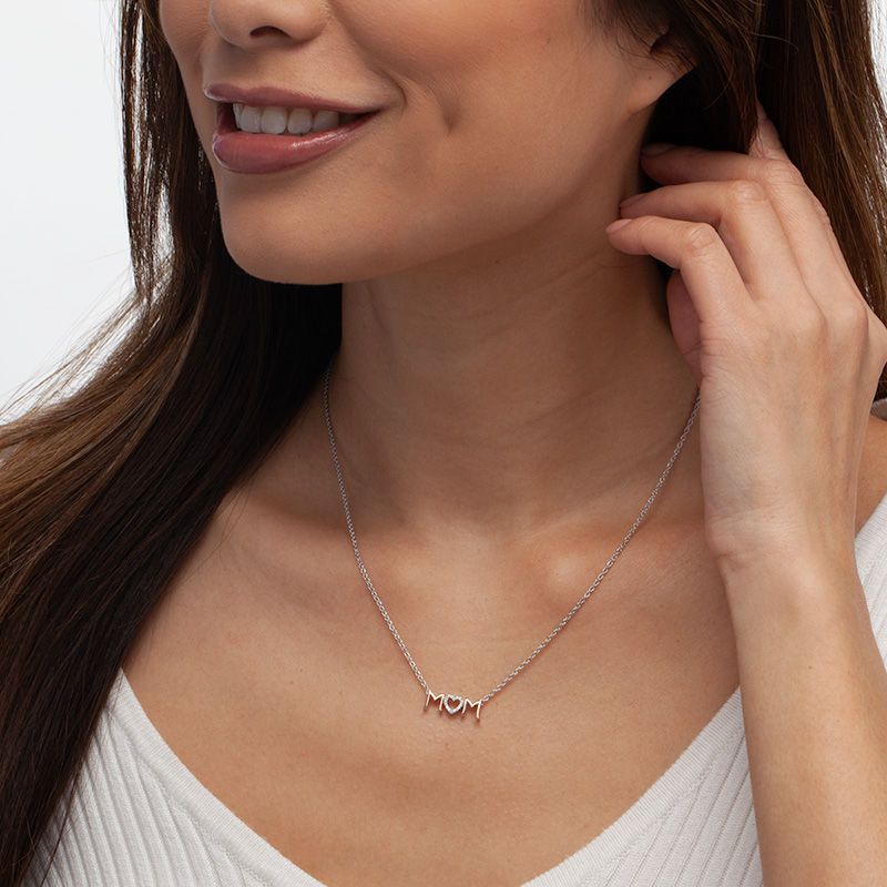 0.04 CT. T.W. Diamond Heart "MOM" Necklace in Sterling Silver and 10K Rose Gold