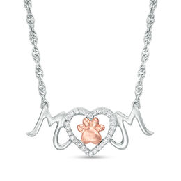 0.086 CT. T.W. Diamond Paw Print and Heart "MOM" Necklace in Sterling Silver and 10K Rose Gold