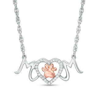 0.086 CT. T.W. Diamond Paw Print and Heart "MOM" Necklace in Sterling Silver and 10K Rose Gold