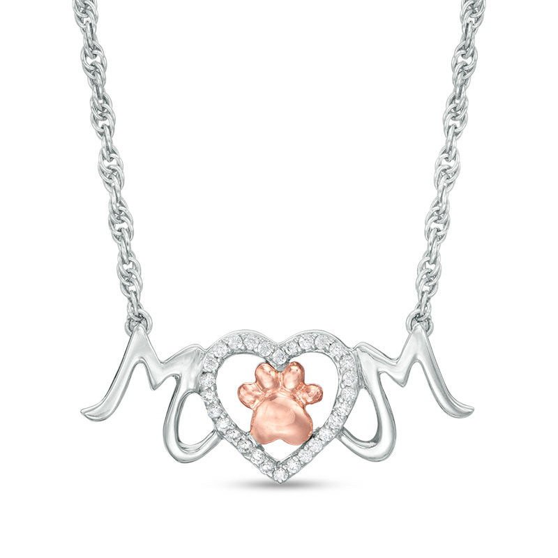 0.086 CT. T.W. Diamond Paw Print and Heart "MOM" Necklace in Sterling Silver and 10K Rose Gold|Peoples Jewellers