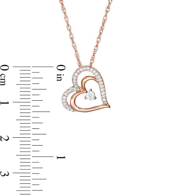 Main Image 3 of 0.085 CT. T.W. Diamond Tilted Layered Double Heart Pendant in 10K Rose Gold