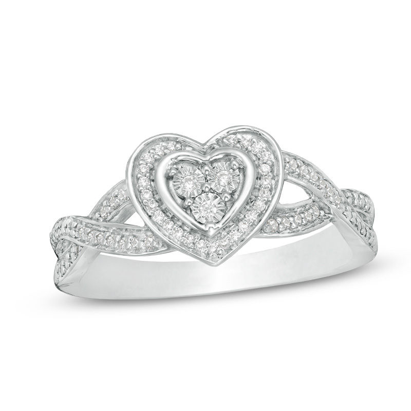 0.085 CT. T.W. Diamond Heart Frame Crossover Shank Promise Ring in Sterling Silver