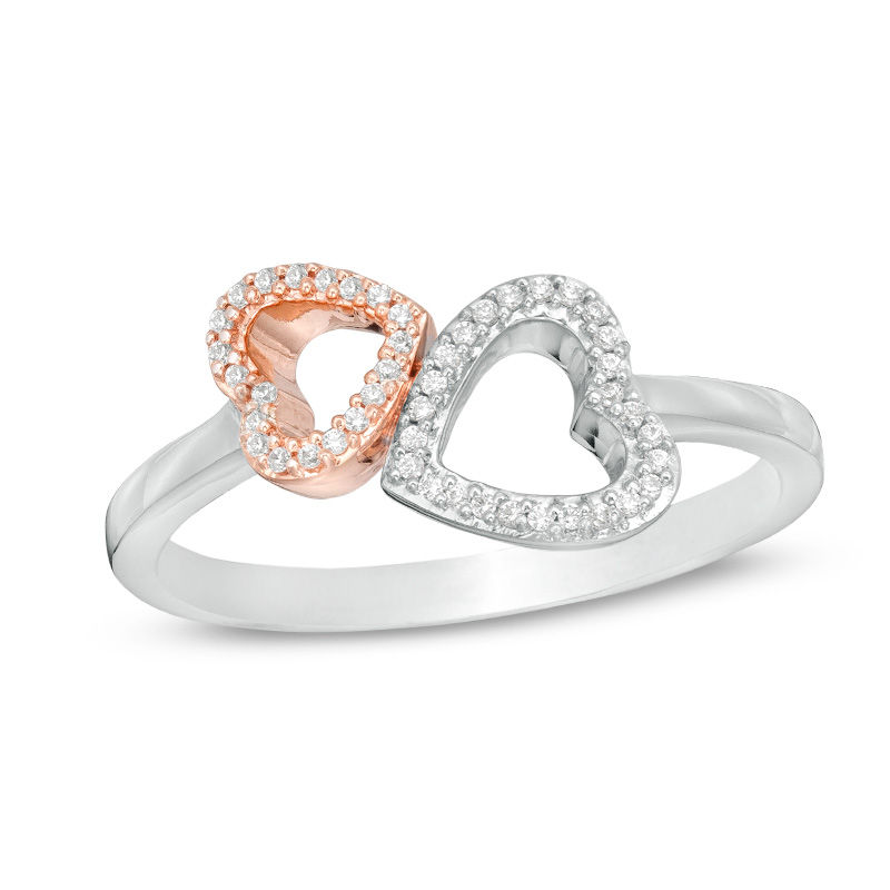 0.085 CT. T.W. Diamond Double Heart Outline Open Ring in Sterling Silver and 10K Rose Gold