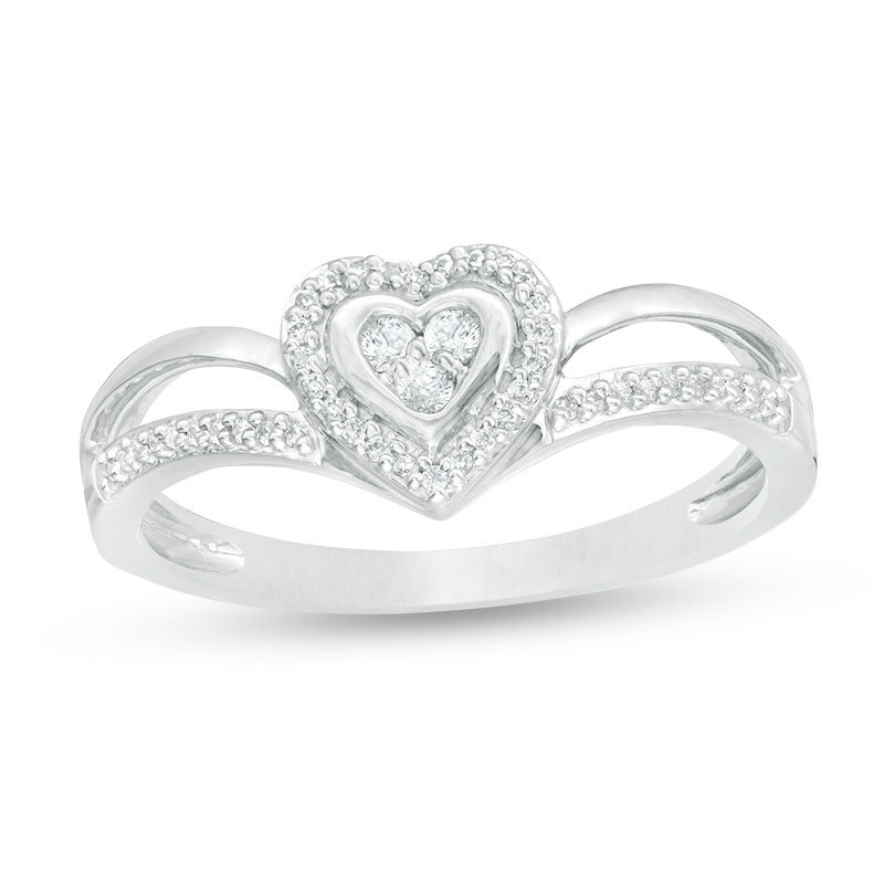 0.116 CT. T.W. Composite Diamond Heart Frame Split Shank Promise Ring in 10K White Gold