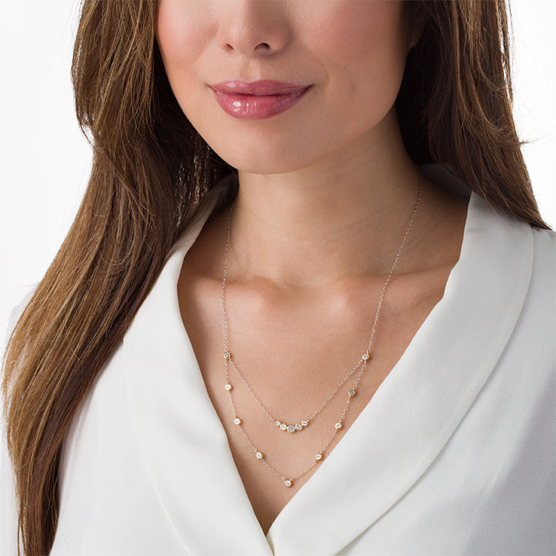 Main Image 2 of 0.09 CT. T.W. Diamond Bezel-Set Layered Necklace in 10K Gold and Sterling Silver - 20"