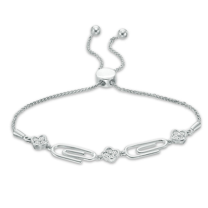 Diamond Accent Paper Clip and Clover Bolo Bracelet in Sterling Silver - 9.5"