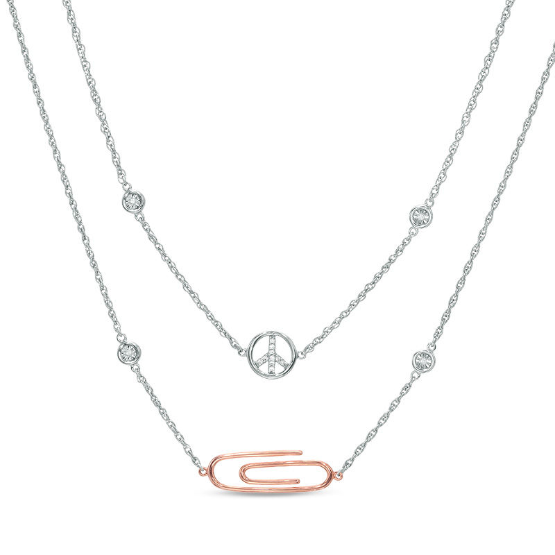 Diamond Accent Peace Sign and Paper Clip Double Strand Necklace in Sterling Silver with 10K Rose Gold - 30"