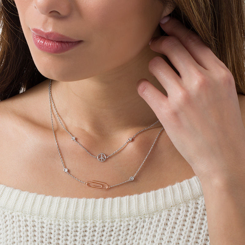 Diamond Accent Peace Sign and Paper Clip Double Strand Necklace in Sterling Silver with 10K Rose Gold - 30"