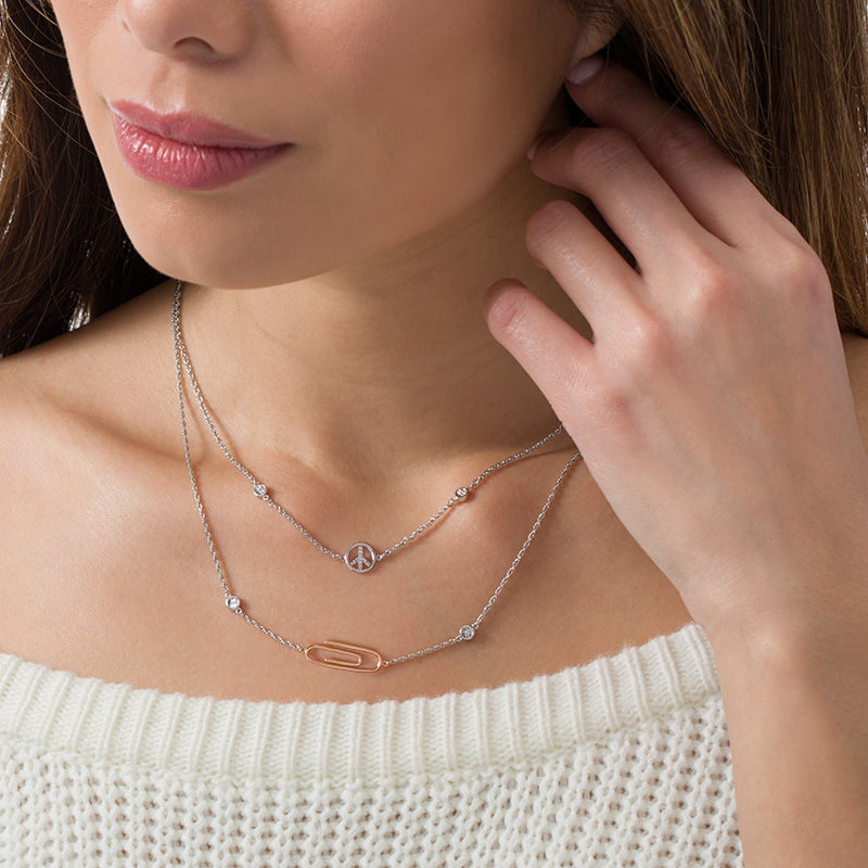 Diamond Accent Peace Sign and Paper Clip Double Strand Necklace in