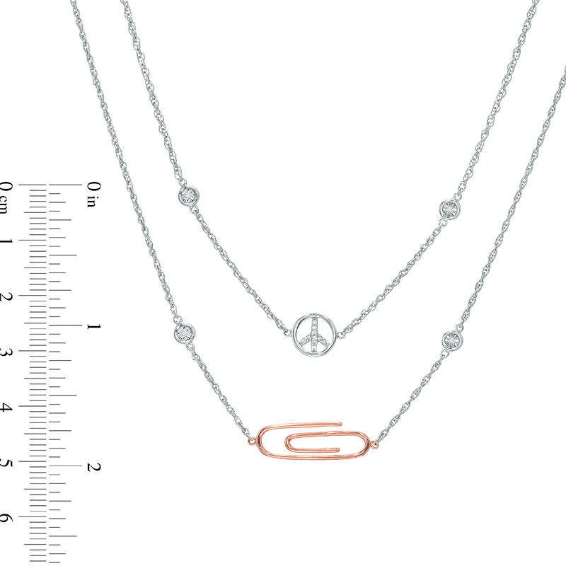 Diamond Accent Peace Sign and Paper Clip Double Strand Necklace in Sterling Silver with 10K Rose Gold - 30"