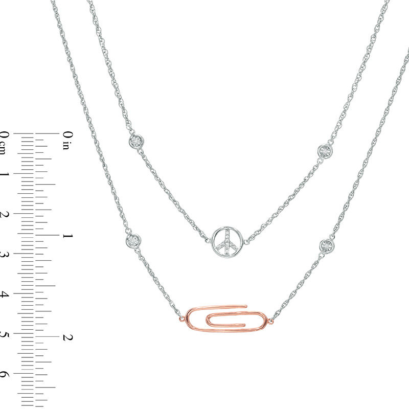 Main Image 3 of Diamond Accent Peace Sign and Paper Clip Double Strand Necklace in Sterling Silver with 10K Rose Gold - 30&quot;