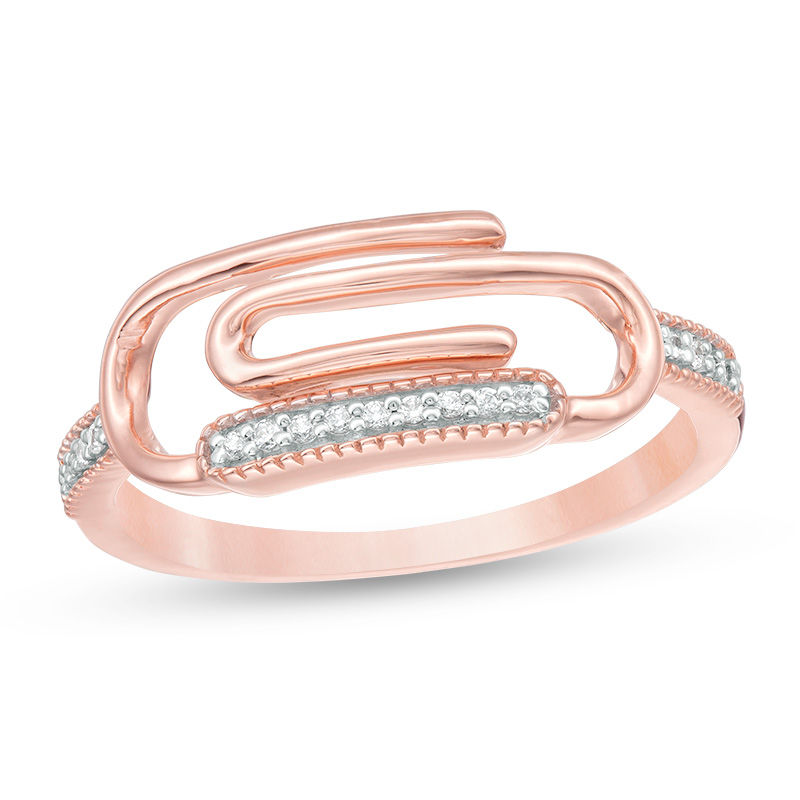 0.04 CT. T.W Diamond Sideways Paper Clip Vintage-Style Ring in Sterling Silver with 14K Rose Gold Plate