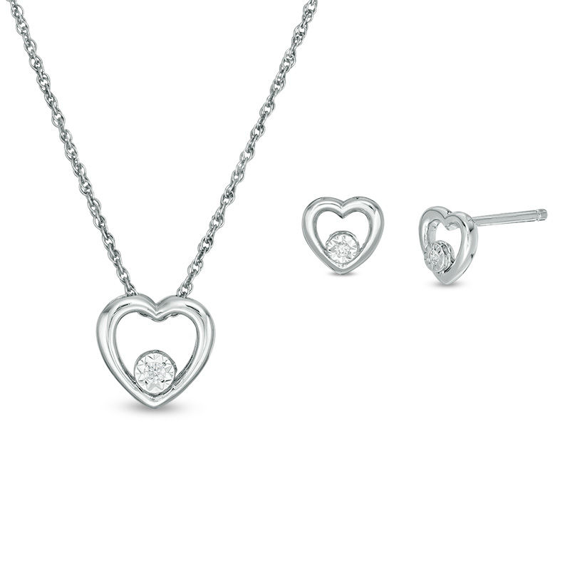 Diamond Accent Solitaire Heart Pendant and Stud Earrings Set in Sterling Silver