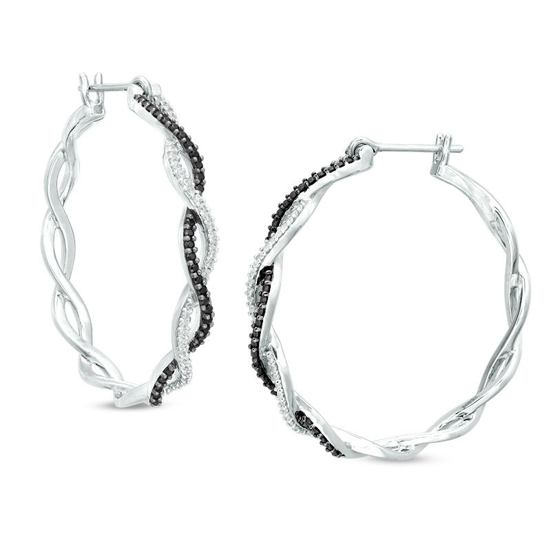 0.45 CT. T.W. Enhanced Black and White Diamond Twist Hoop Earrings in Sterling Silver|Peoples Jewellers