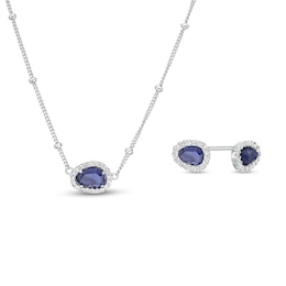 Sideways Pear-Shaped Blue and White Lab-Created Sapphire Frame Bead Station Necklace and Earrings Set in Sterling Silver