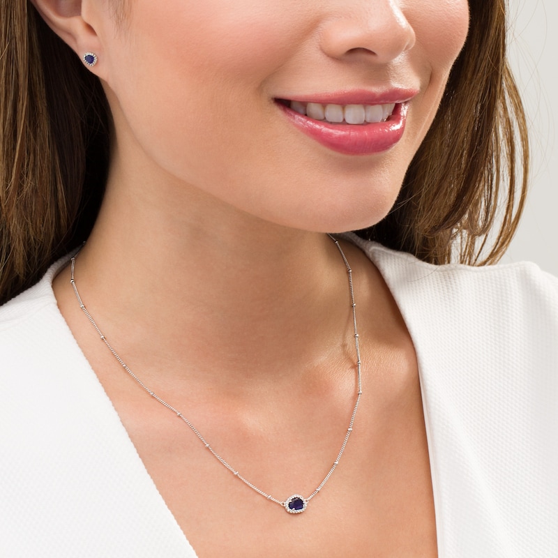 Main Image 2 of Sideways Pear-Shaped Blue and White Lab-Created Sapphire Frame Bead Station Necklace and Earrings Set in Sterling Silver
