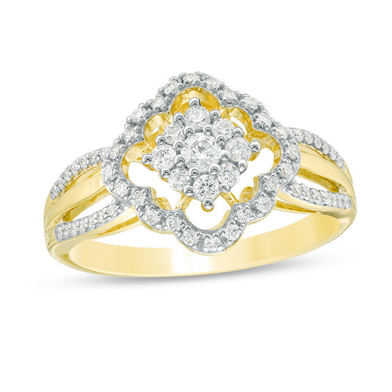 0.50 CT. T.W. Composite Diamond Scallop Flower Frame Ring in 10K Gold