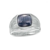 Thumbnail Image 1 of Men's Barrel-Cut Simulated Cat's Eye and Diamond Accent Comfort-Fit Stepped Edge Ring in Sterling Silver - Size 10