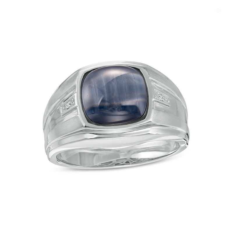 Men's Barrel-Cut Simulated Cat's Eye and Diamond Accent Comfort-Fit Stepped Edge Ring in Sterling Silver - Size 10|Peoples Jewellers