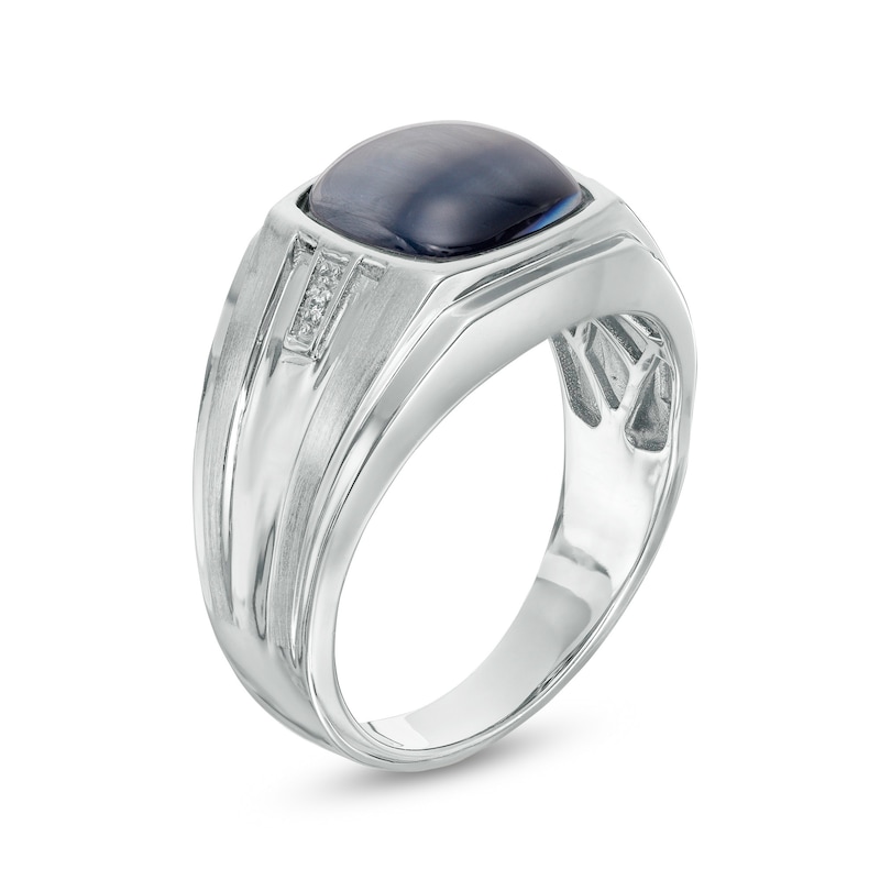 Main Image 3 of Men's Barrel-Cut Simulated Cat's Eye and Diamond Accent Comfort-Fit Stepped Edge Ring in Sterling Silver - Size 10