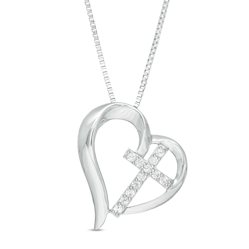 Lab-Created White Sapphire Tilted Heart with Cross Pendant in Sterling Silver