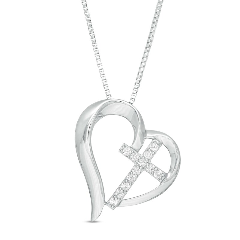 Main Image 1 of Lab-Created White Sapphire Tilted Heart with Cross Pendant in Sterling Silver