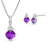 Thumbnail Image 0 of Tilted Cushion-Cut Amethyst and Lab-Created White Sapphire Tri-Top Pendant and Stud Earrings Set in Sterling Silver