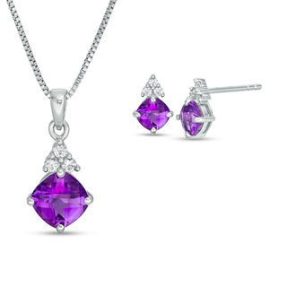 Tilted Cushion-Cut Amethyst and Lab-Created White Sapphire Tri-Top Pendant and Stud Earrings Set in Sterling Silver