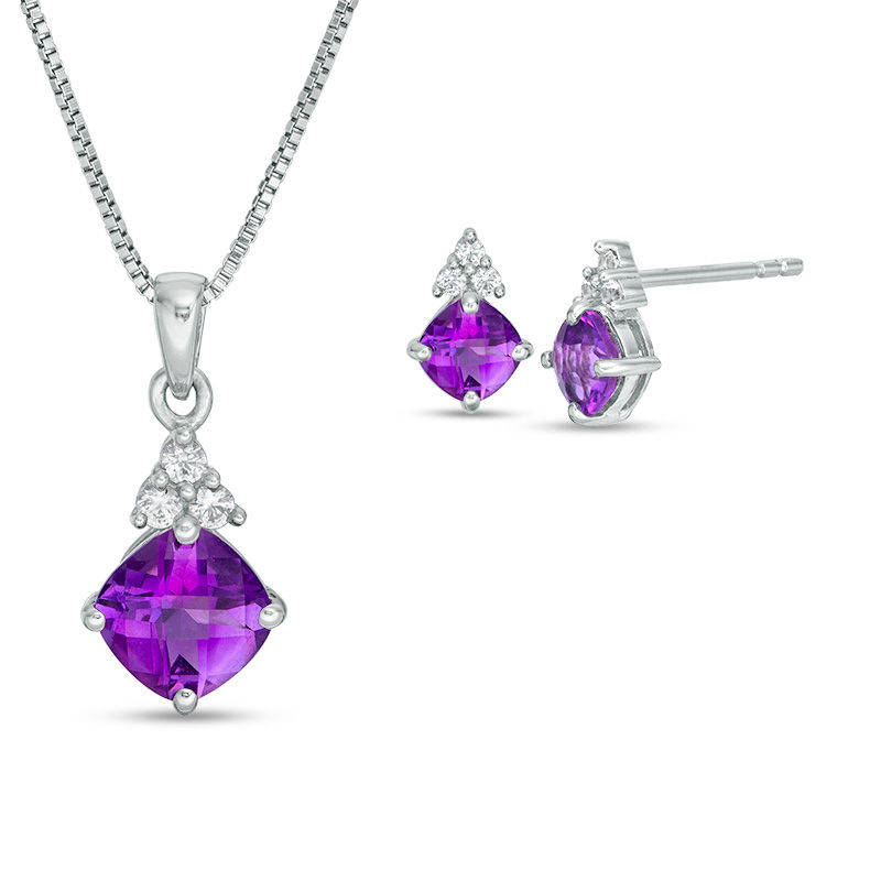 Tilted Cushion-Cut Amethyst and Lab-Created White Sapphire Tri-Top Pendant and Stud Earrings Set in Sterling Silver