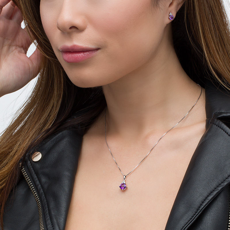 Tilted Cushion-Cut Amethyst and Lab-Created White Sapphire Tri-Top Pendant and Stud Earrings Set in Sterling Silver