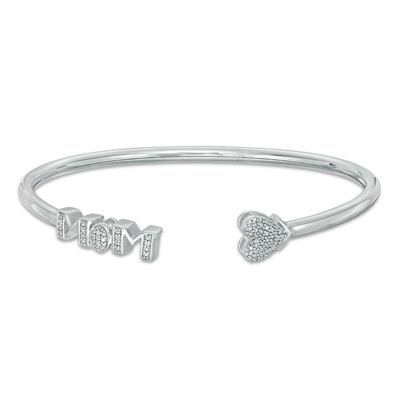 Diamond Accent Heart and "MOM" Open Flex Bangle in Sterling Silver - 7.5"|Peoples Jewellers