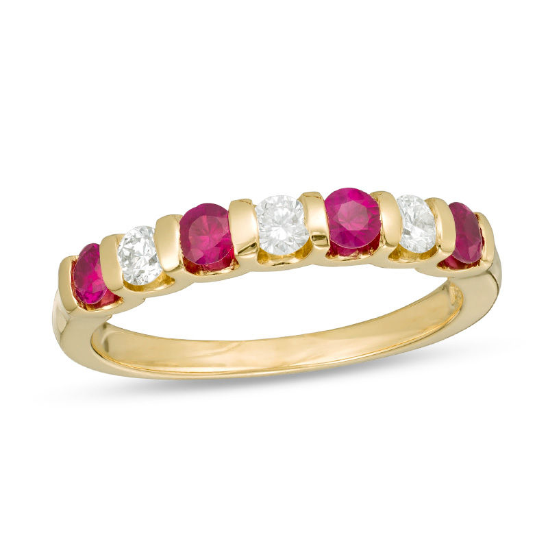 Main Image 1 of EFFY™ Collection Ruby and 0.23 CT. T.W. Diamond Alternating Stackable Ring in 14K Gold