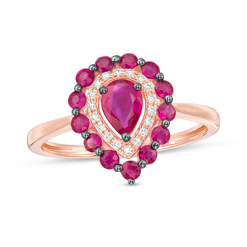 EFFY™ Collection Pear-Shaped Ruby and 0.07 CT. T.W. Diamond Frame Ring in 14K Rose Gold