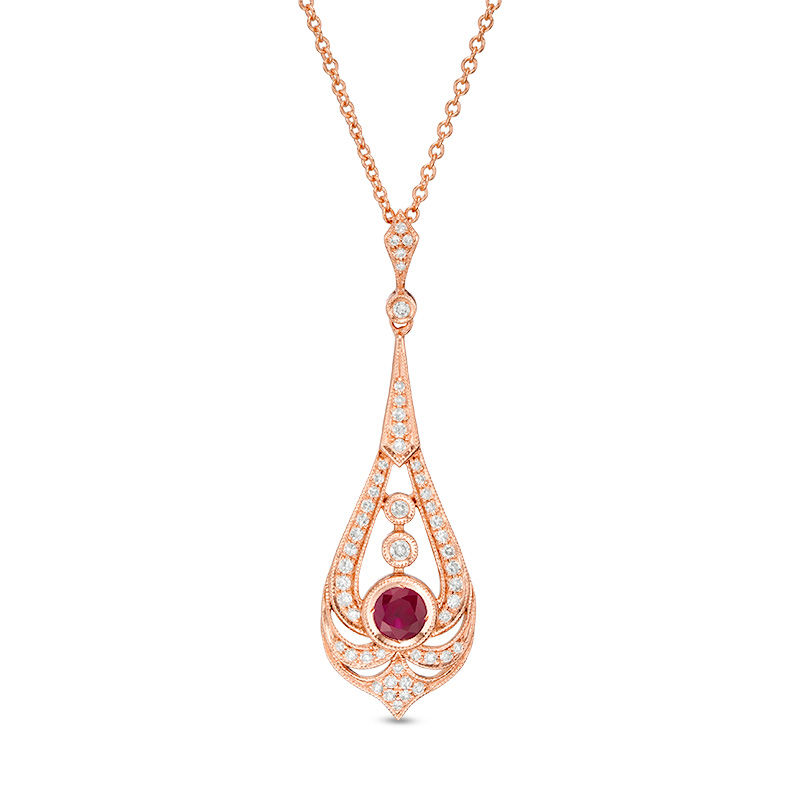 EFFY™ Collection 4.0mm Ruby and 0.20 CT. T.W. Diamond Pendulum Vintage-Style Pendant in 14K Rose Gold