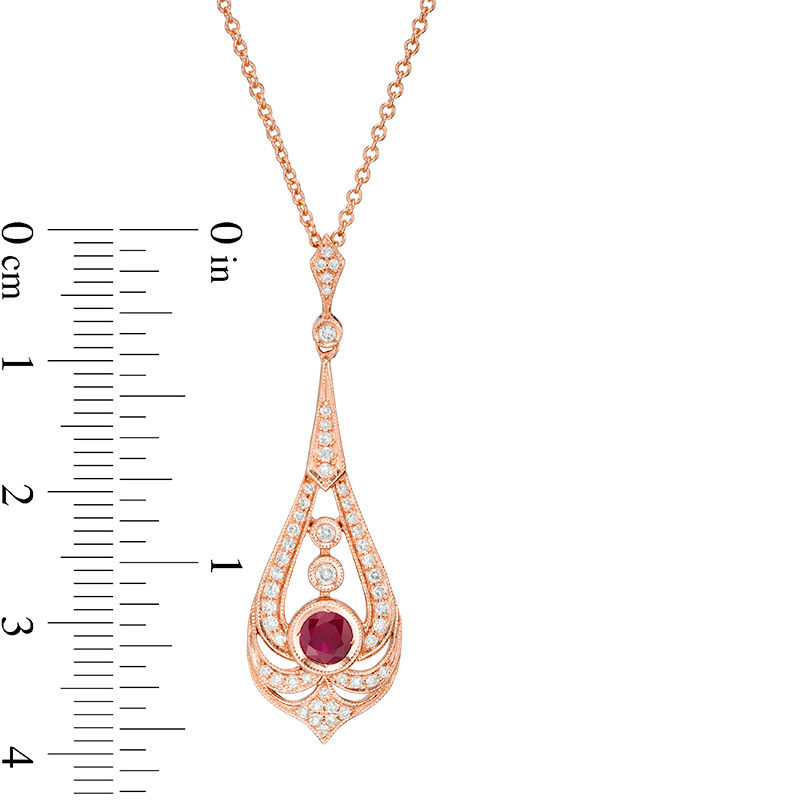 EFFY™ Collection 4.0mm Ruby and 0.20 CT. T.W. Diamond Pendulum Vintage-Style Pendant in 14K Rose Gold