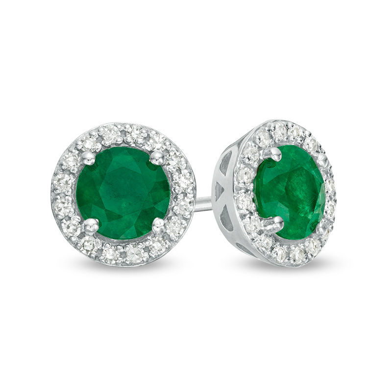 Main Image 1 of EFFY™ Collection 5.0mm Emerald and 0.12 CT. T.W. Diamond Frame Stud Earrings in 14K White Gold